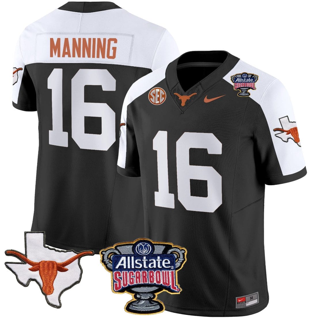 Arch Manning Jersey #16 Texas Longhorns Sugar Bowl Patch Vapor Football Black Alternate 1 Arch Manning Jersey #16 Texas Longhorns Sugar Bowl Patch Vapor Football Black Alternate