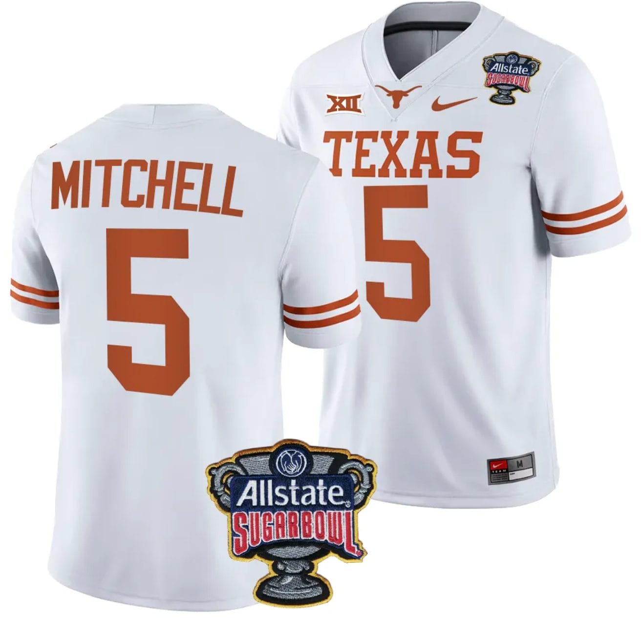 Adonai Mitchell Jersey #5 Texas Longhorns Allstate Sugar Bowl Patch 2024 College Football White 1 Adonai Mitchell Jersey #5 Texas Longhorns Allstate Sugar Bowl Patch 2024 College Football White
