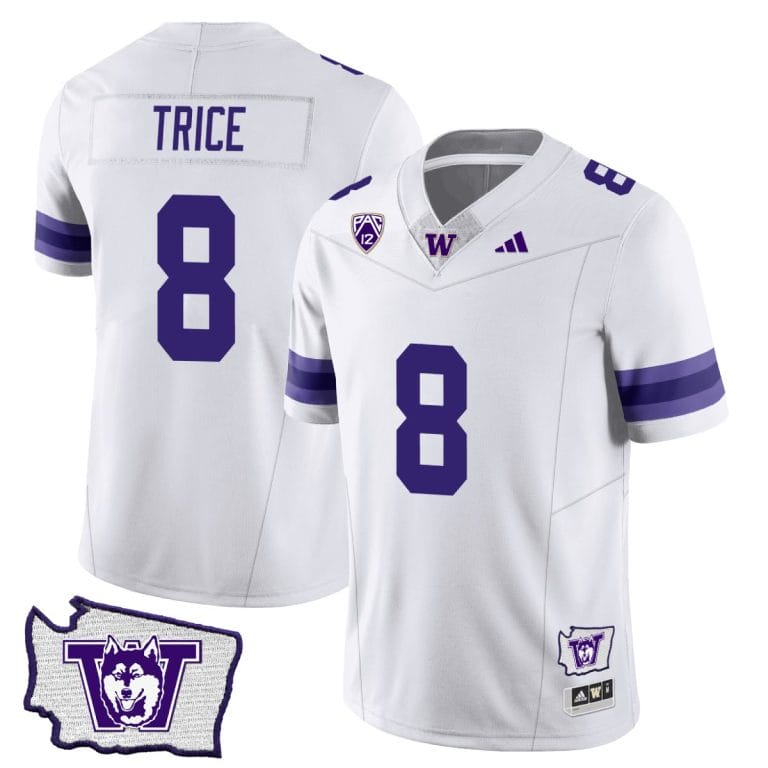 Bralen Trice Jersey #8 Washington Huskies Washington Map Patch Football White 1 Bralen Trice Jersey #8 Washington Huskies Washington Map Patch Football White