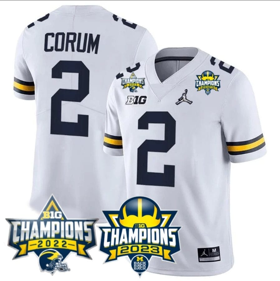 Blake Corum Jersey #2 Michigan Wolverines 2023 Big Ten Back to Back Champions Patch Stitched White 1 Blake Corum Jersey #2 Michigan Wolverines 2023 Big Ten Back to Back Champions Patch Stitched White