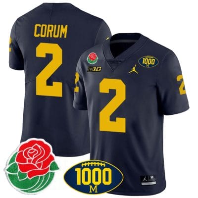 Blake Corum Jersey #2 Michigan Wolverines 1000 Wins & Rose Bowl Patch Special Navy