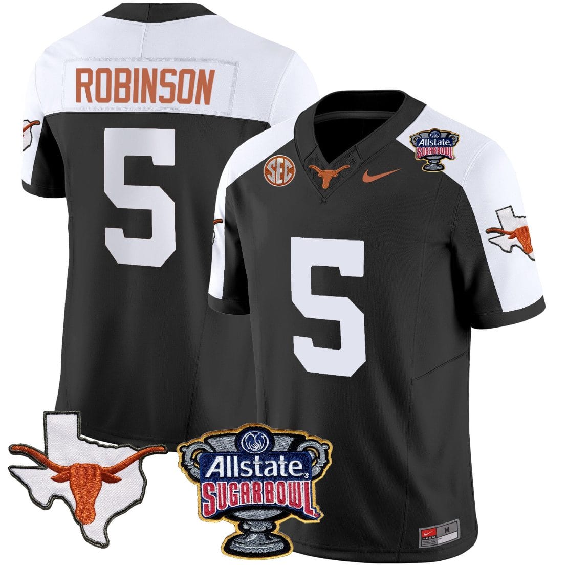Bijan Robinson Jersey #5 Texas Longhorns Sugar Bowl Patch Vapor Football Black Alternate 1 Bijan Robinson Jersey #5 Texas Longhorns Sugar Bowl Patch Vapor Football Black Alternate