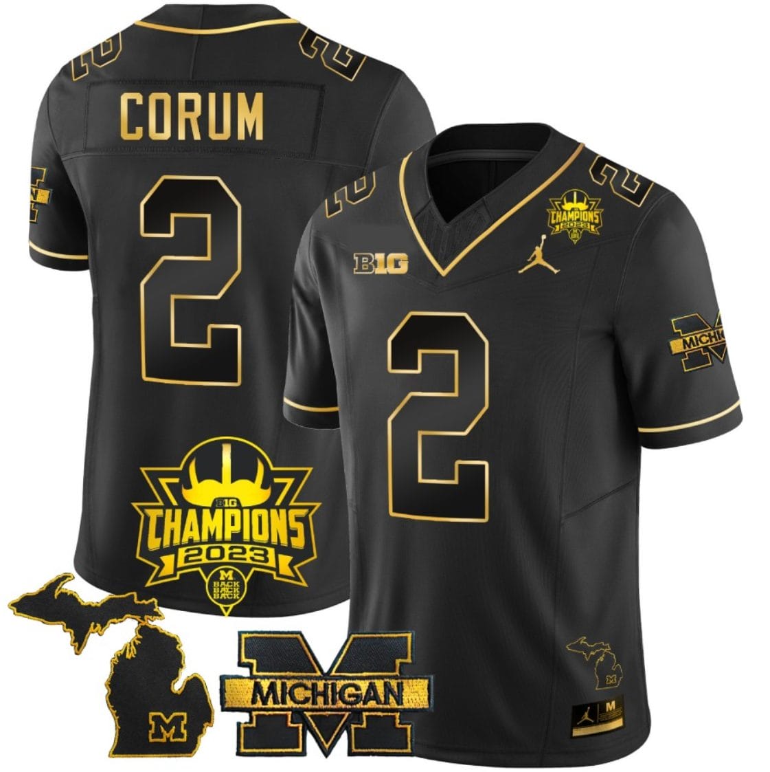 Blake Corum Jersey #9 Michigan Wolverines 2023 Big Ten Champions Patch Stitched Black Gold 1 Blake Corum Jersey #9 Michigan Wolverines 2023 Big Ten Champions Patch Stitched Black Gold