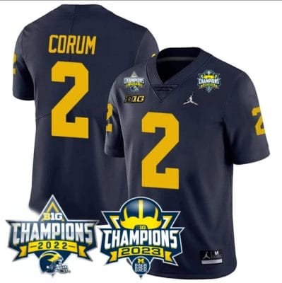 Blake Corum Jersey #2 Michigan Wolverines 2023 Big Ten Back to Back Champions Patch Stitched Navy