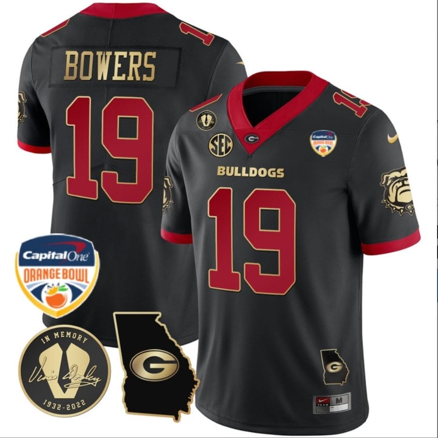 Brock Bowers Jersey #19 Georgia Bulldogs Vapor Limited Orange Bowl Patch Black Gold Trim 1 Brock Bowers Jersey #19 Georgia Bulldogs Vapor Limited Orange Bowl Patch Black Gold Trim
