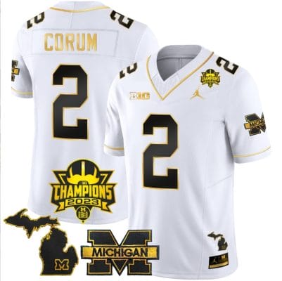 Blake Corum Jersey #2 Michigan Wolverines 2023 Big Ten Champions Patch Stitched White Gold