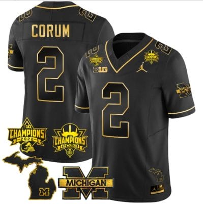 Blake Corum Jersey #2 Michigan Wolverines 2023 Big Ten Back to Back Champions Patch Stitched Black Gold