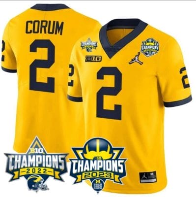 Blake Corum Jersey #2 Michigan Wolverines 2023 Big Ten Back to Back Champions Patch Stitched Maize