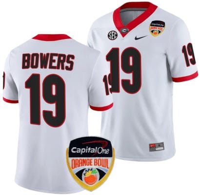 Brock Bowers Jersey #19 Georgia Bulldogs Orange Bowl Patch 2023 College Football White 8 Brock Bowers Jersey #19 Georgia Bulldogs Orange Bowl Patch 2023 College Football White