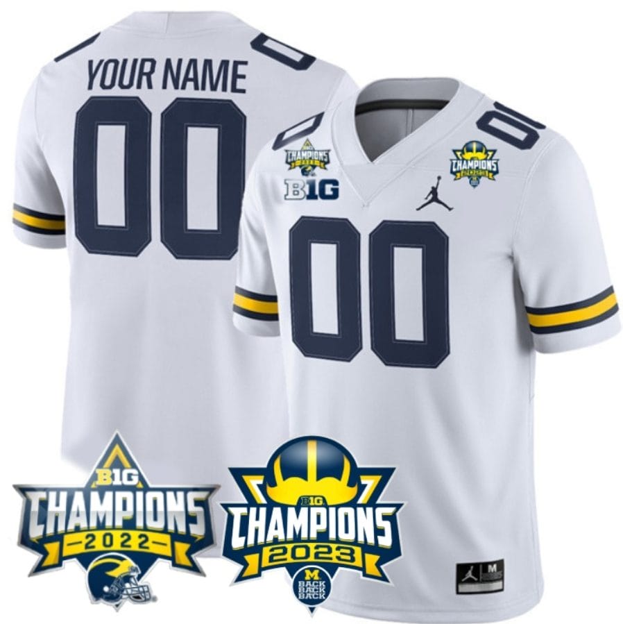 Custom Michigan Wolverines Jersey Name and Number 2023 Big Ten Back to Back Champions Patch White 1 Custom Michigan Wolverines Jersey Name and Number 2023 Big Ten Back to Back Champions Patch White