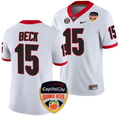 Carson Beck Jersey #15 Georgia Bulldogs Orange Bowl Patch 2023 College Football White 8 Carson Beck Jersey #15 Georgia Bulldogs Orange Bowl Patch 2023 College Football White