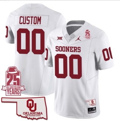 Custom Oklahoma Sooners Jersey Name and Number 25th Anniversary Patch Football White