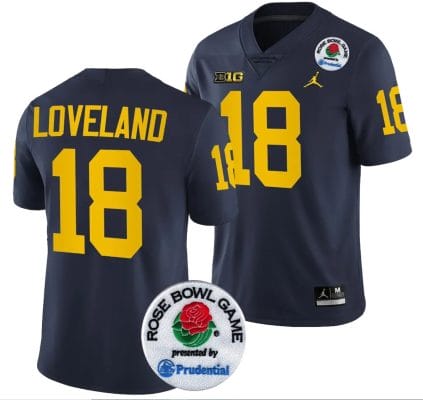 Colston Loveland Jersey #18 Michigan Wolverines Rose Bowl Game 2024 Patch College Football Playoff Navy