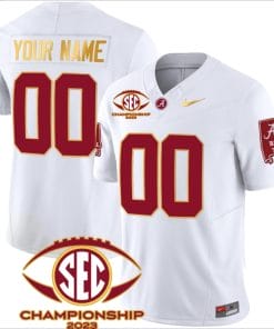 Custom Alabama Crimson Jersey Name and Number SEC Championship 2023 Patch Gold Football White