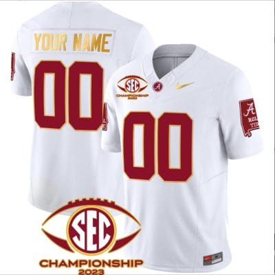 Custom Alabama Crimson Jersey Name and Number SEC Championship 2023 Patch Gold Football White