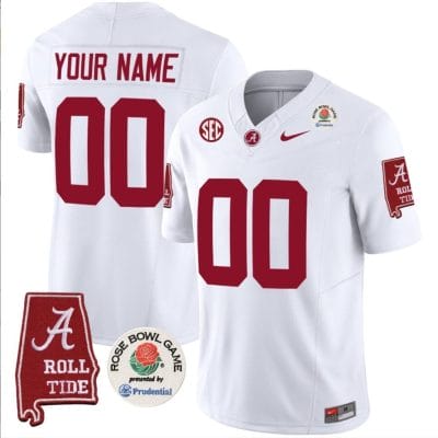 Custom Alabama Crimson Jersey Name and Number Rose Bowl Patch Football White 8 Custom Alabama Crimson Jersey Name and Number Rose Bowl Patch Football White