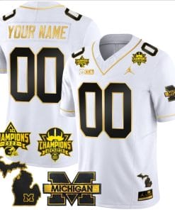 Custom Michigan Wolverines Jersey Name and Number 2023 Big Ten Back to Back Champions Patch White Gold