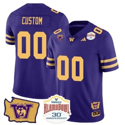 Custom Washington Huskies Jersey Name and Number Alamo Bowl Patch Football Purple Gold