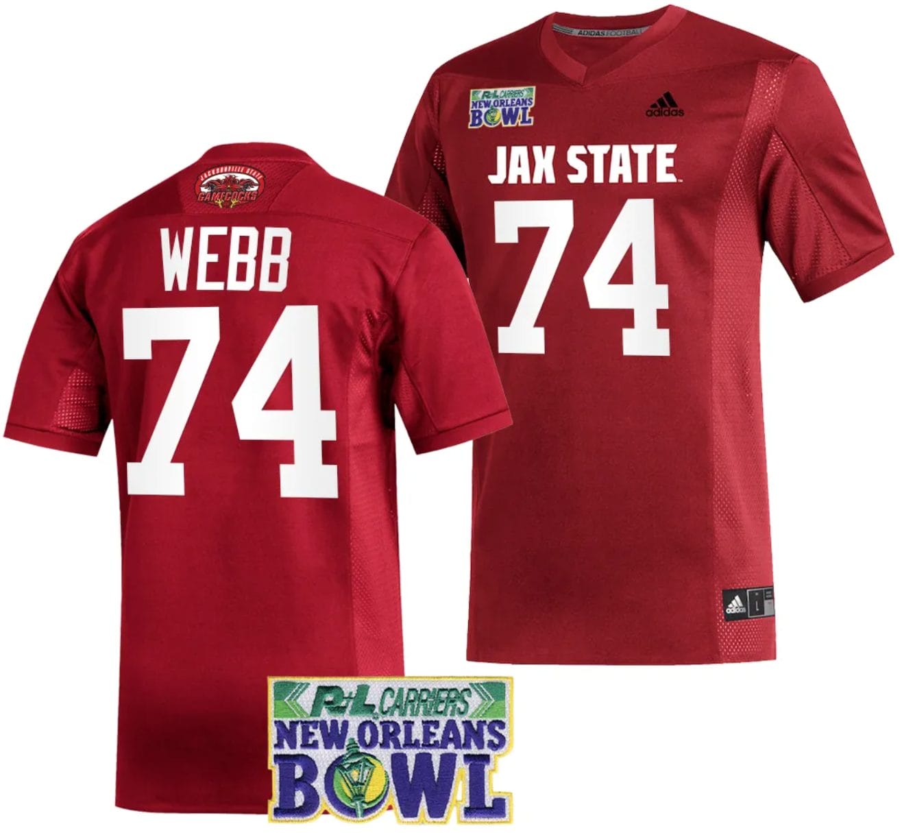 Clay Webb Jersey #74 Jacksonville State Gamecocks 2023 New Orleans Bowl Patch Football Red 1 Clay Webb Jersey #74 Jacksonville State Gamecocks 2023 New Orleans Bowl Patch Football Red