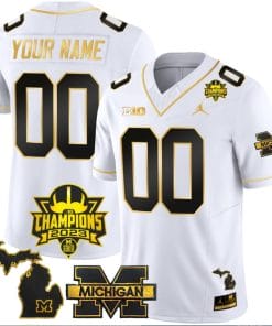 Custom Michigan Wolverines Jersey Name and Number 2023 Big Ten Champions Patch White Gold