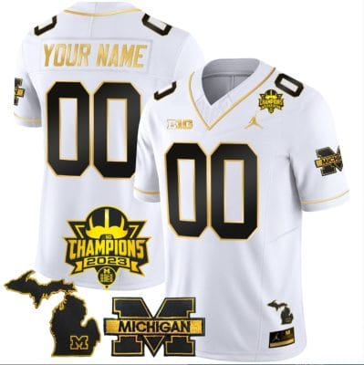 Custom Michigan Wolverines Jersey Name and Number 2023 Big Ten Champions Patch White Gold 8 Custom Michigan Wolverines Jersey Name and Number 2023 Big Ten Champions Patch White Gold