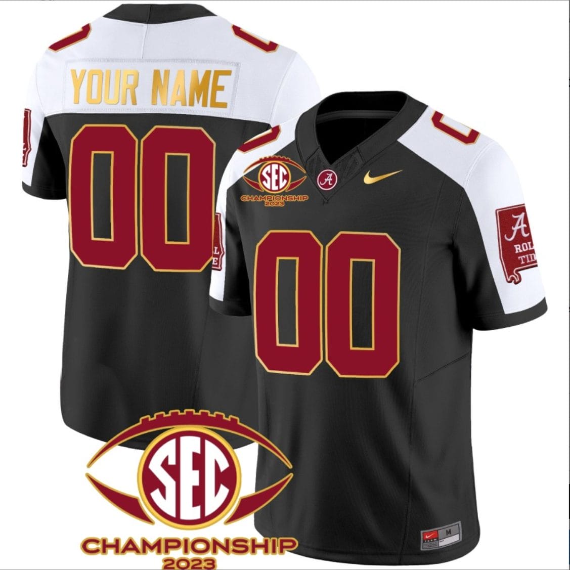 Custom Alabama Crimson Jersey Name and Number SEC Championship 2023 Patch Gold Black Alternate 1 Custom Alabama Crimson Jersey Name and Number SEC Championship 2023 Patch Gold Black Alternate
