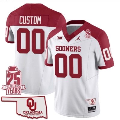 Custom Oklahoma Sooners Jersey Name and Number 25th Anniversary Patch Football Alternate White