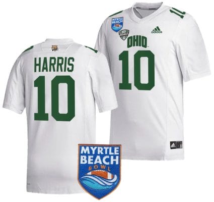 CJ Harris Jersey #10 Ohio Bobcats 2023 Myrtle Beach Bowl Patch MVP Football White 8 CJ Harris Jersey #10 Ohio Bobcats 2023 Myrtle Beach Bowl Patch MVP Football White