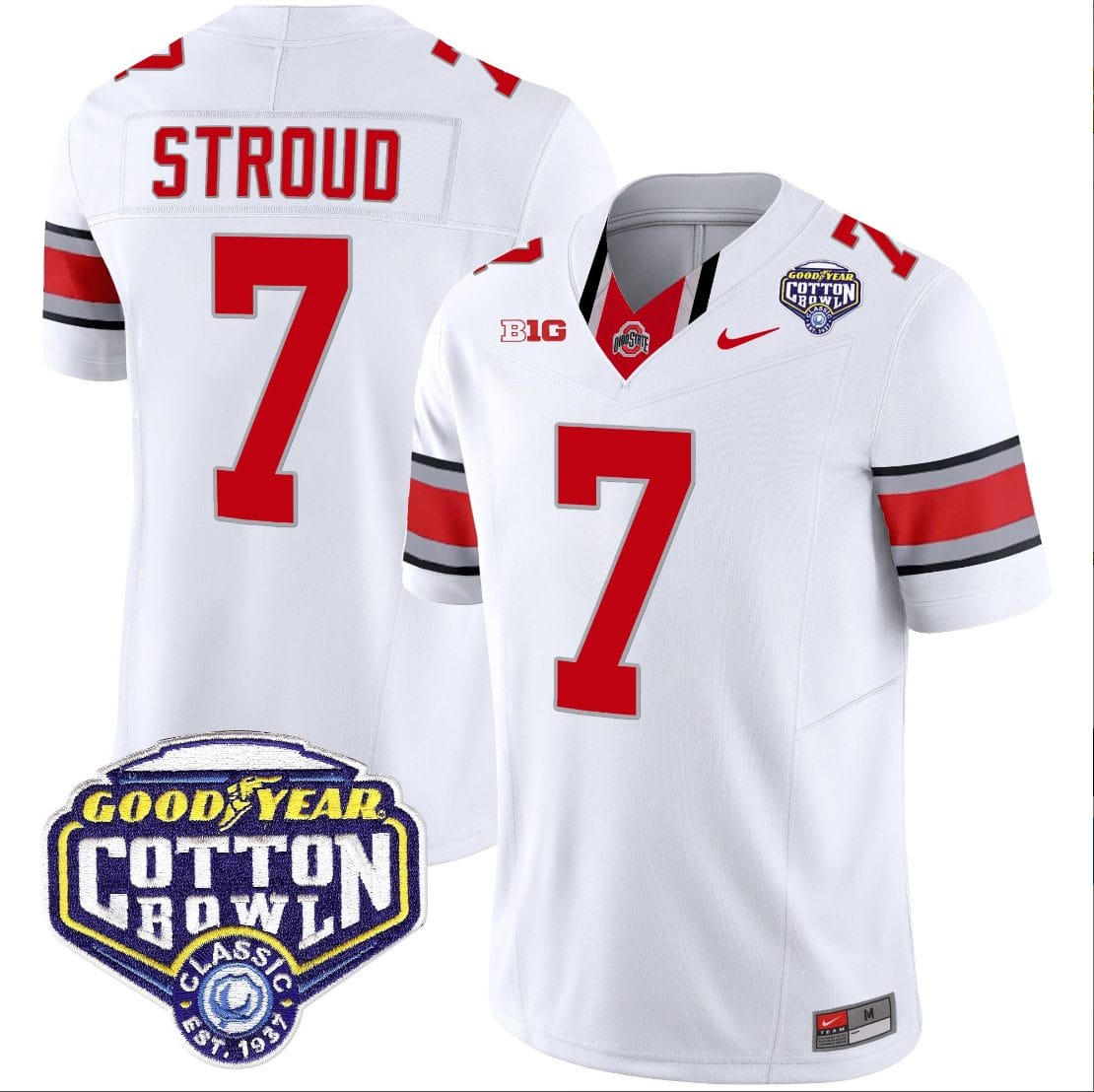 CJ Stroud Jersey #7 Ohio State Buckeyes Cotton Bowl Patch Vapor Football White 1 CJ Stroud Jersey #7 Ohio State Buckeyes Cotton Bowl Patch Vapor Football White