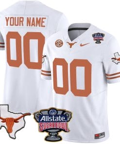 Custom Texas Longhorns Jersey Name and Number Sugar Bowl Patch Football White