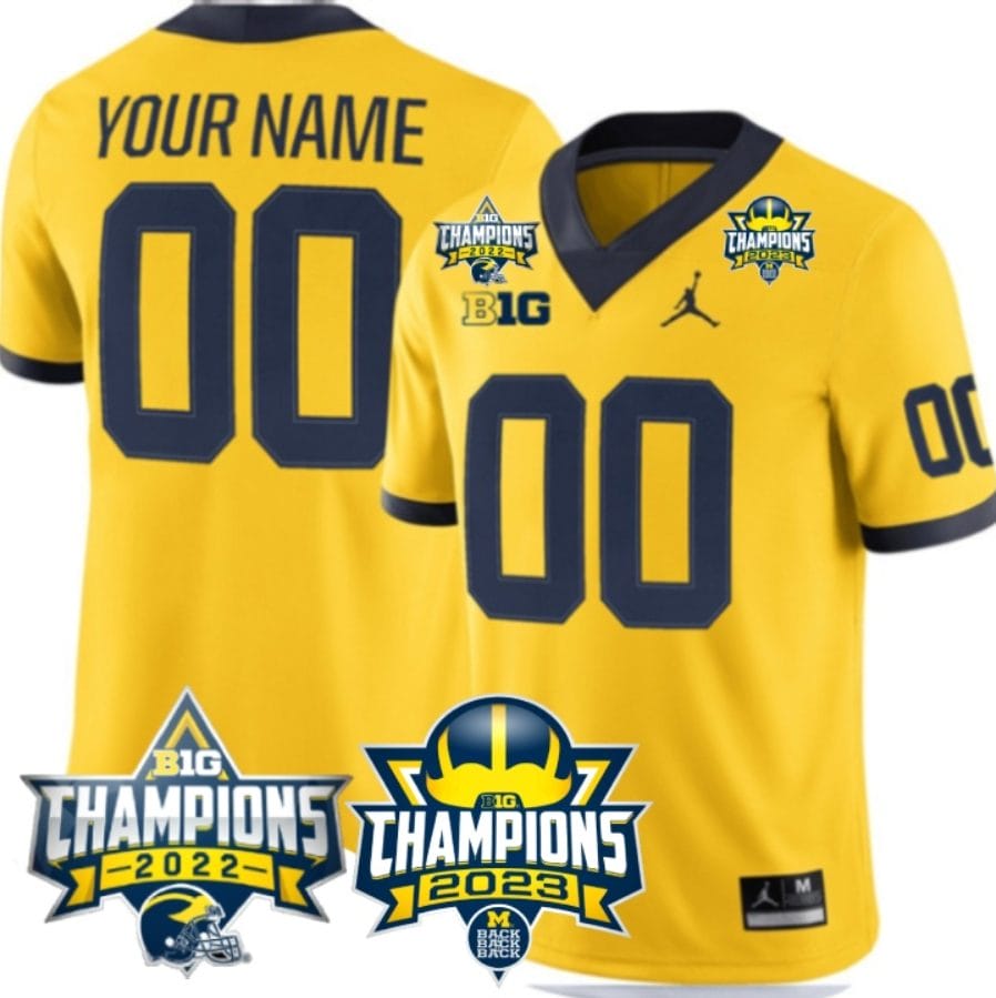 Custom Michigan Wolverines Jersey Name and Number 2023 Big Ten Back to Back Champions Patch Maize 1 Custom Michigan Wolverines Jersey Name and Number 2023 Big Ten Back to Back Champions Patch Maize