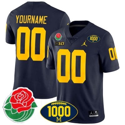 Custom Michigan Wolverines Jersey Name and Number 1000 Wins & Rose Bowl Patch Special Navy 8 Custom Michigan Wolverines Jersey Name and Number 1000 Wins & Rose Bowl Patch Special Navy