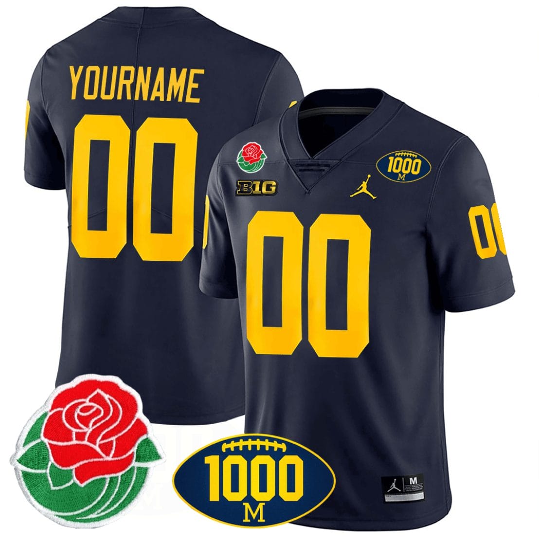 Custom Michigan Wolverines Jersey Name and Number 1000 Wins & Rose Bowl Patch Special Navy 1 Custom Michigan Wolverines Jersey Name and Number 1000 Wins & Rose Bowl Patch Special Navy