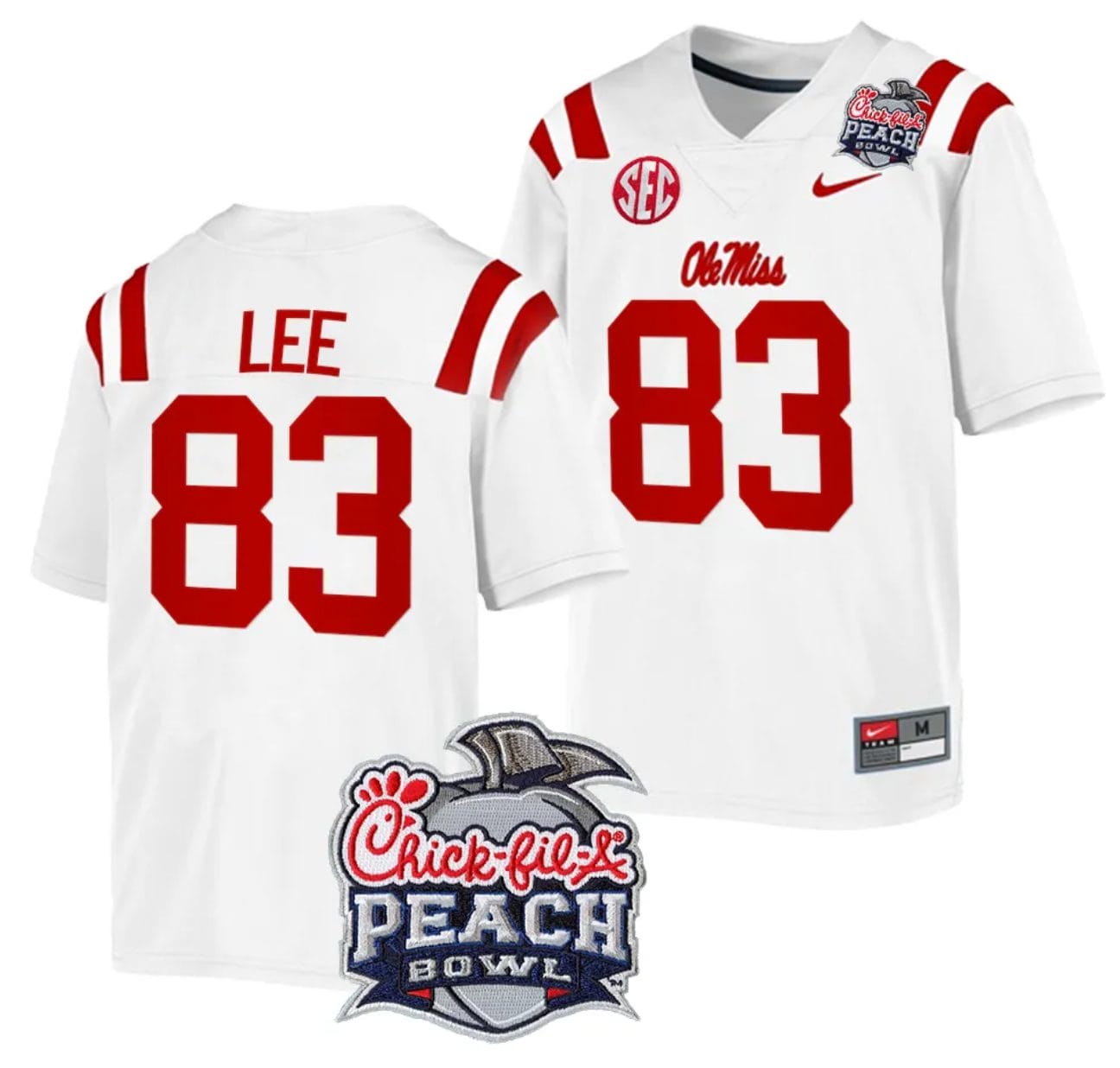 Cayden Lee Jersey #83 Ole Miss Rebels Peach Bowl Patch 2024 College Football White 1 Cayden Lee Jersey #83 Ole Miss Rebels Peach Bowl Patch 2024 College Football White