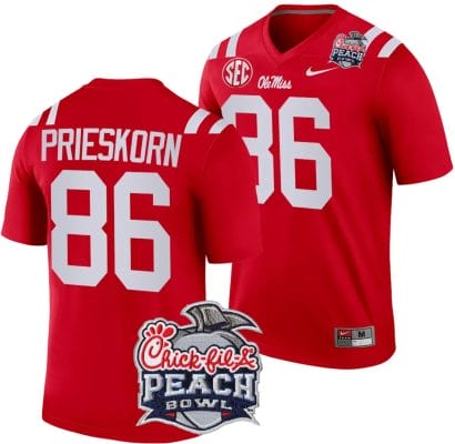 Caden Prieskorn Jersey #86 Ole Miss Rebels Peach Bowl Patch 2024 College Football Red