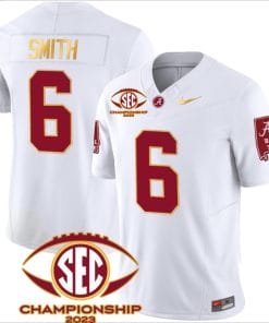 DeVonta Smith Jersey #6 Alabama Crimson SEC Championship 2023 Patch Vapor Gold Football White