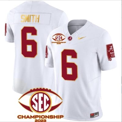 DeVonta Smith Jersey #6 Alabama Crimson SEC Championship 2023 Patch Vapor Gold Football White