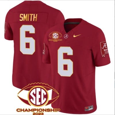 DeVonta Smith Jersey #6 Alabama Crimson SEC Championship 2023 Patch Vapor Gold Football Crimson