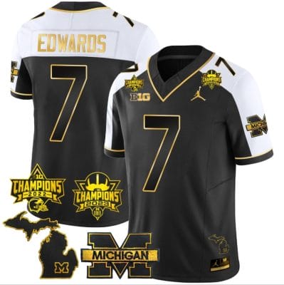Donovan Edwards Jersey #7 Michigan Wolverines 2023 Big Ten Back to Back Champions Patch Stitched Gold Alternate