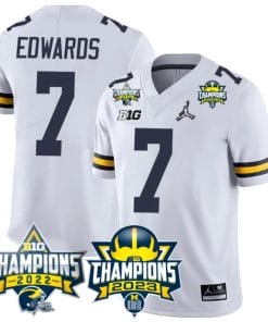 Donovan Edwards Jersey #7 Michigan Wolverines 2023 Big Ten Back to Back Champions Patch Stitched White