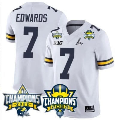 Donovan Edwards Jersey #7 Michigan Wolverines 2023 Big Ten Back to Back Champions Patch Stitched White