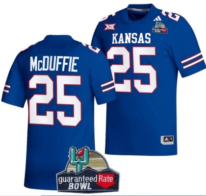 Dylan McDuffie Jersey #25 Kansas Jayhawks 2023 Guaranteed Rate Bowl Champs Football Royal