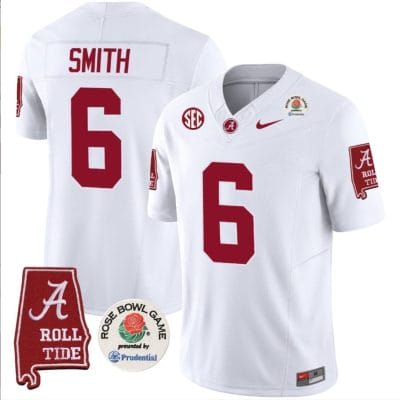 DeVonta Smith Jersey #6 Alabama Crimson Rose Bowl Patch Football White 8 DeVonta Smith Jersey #6 Alabama Crimson Rose Bowl Patch Football White