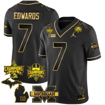 Donovan Edwards Jersey #7 Michigan Wolverines 2023 Big Ten Back to Back Champions Patch Stitched Black Gold