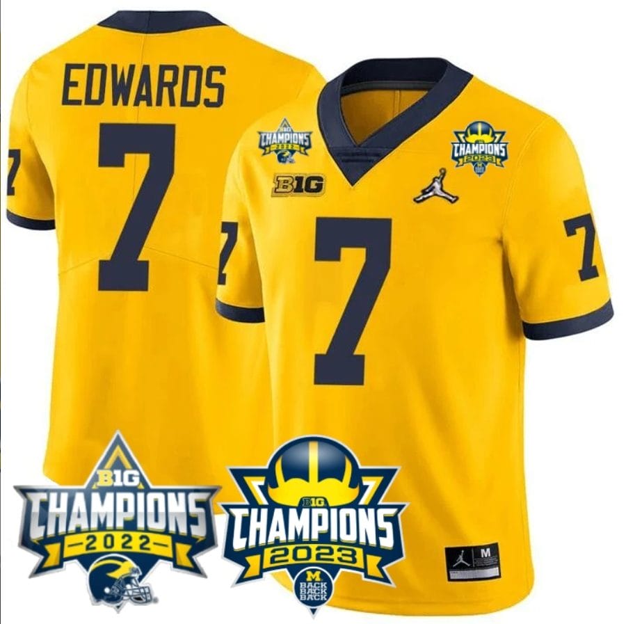 Donovan Edwards Jersey #7 Michigan Wolverines 2023 Big Ten Back to Back Champions Patch Stitched Maize 1 Donovan Edwards Jersey #7 Michigan Wolverines 2023 Big Ten Back to Back Champions Patch Stitched Maize