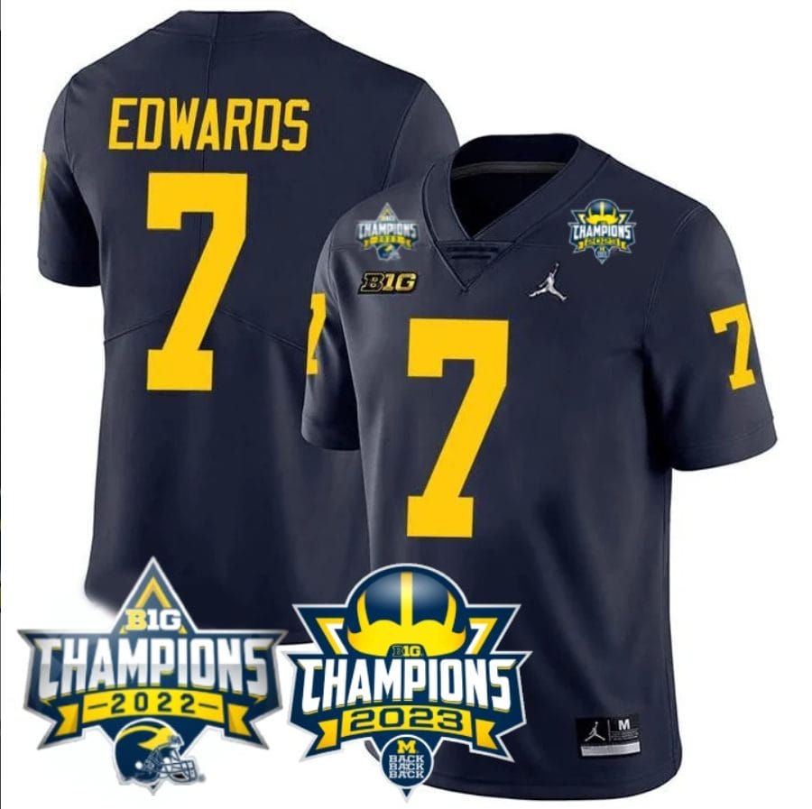 Donovan Edwards Jersey #7 Michigan Wolverines 2023 Big Ten Back to Back Champions Patch Stitched Navy 1 Donovan Edwards Jersey #7 Michigan Wolverines 2023 Big Ten Back to Back Champions Patch Stitched Navy