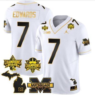 Donovan Edwards Jersey #7 Michigan Wolverines 2023 Big Ten Back to Back Champions Patch Stitched White Gold