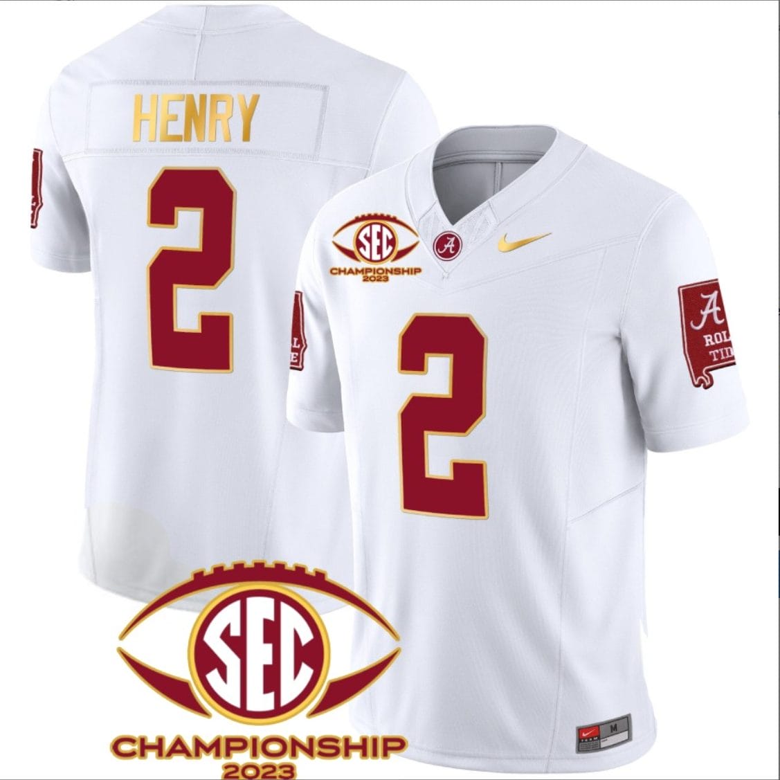 Derrick Henry Jersey #2 Alabama Crimson SEC Championship 2023 Patch Vapor Gold Football White 1 Derrick Henry Jersey #2 Alabama Crimson SEC Championship 2023 Patch Vapor Gold Football White