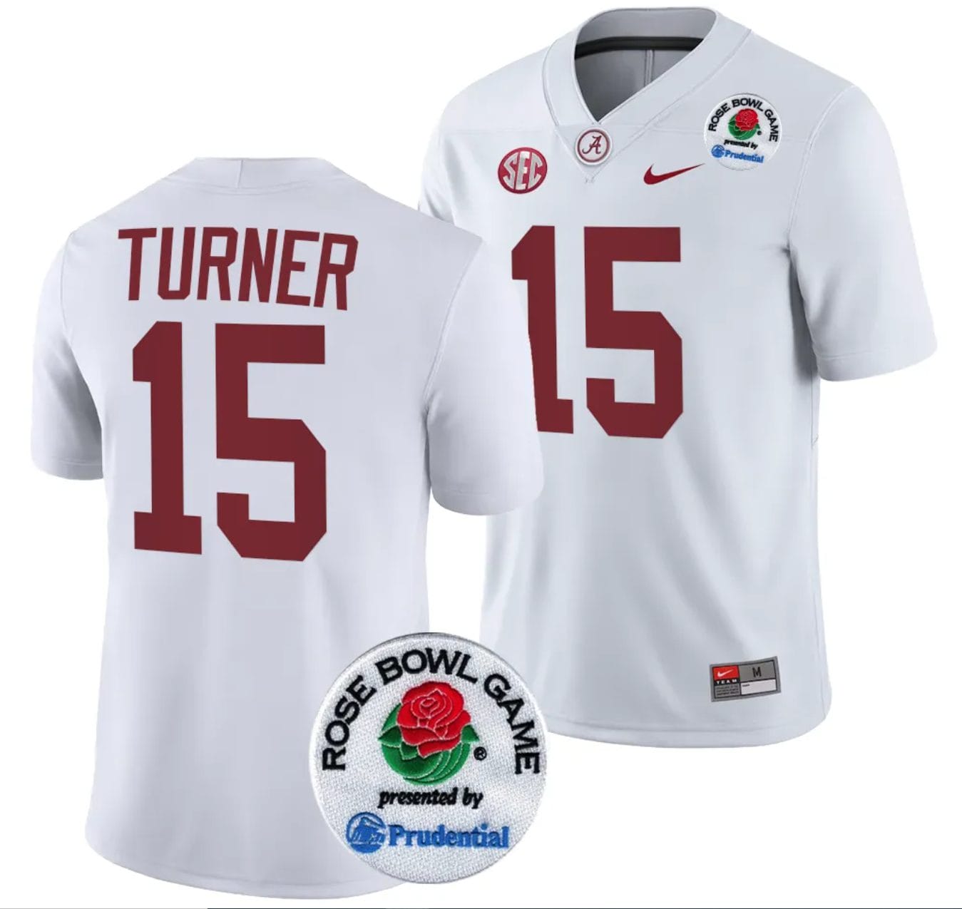 Dallas Turner Jersey #15 Alabama Crimson Tide Rose Bowl Game 2024 Patch College Football Playoff White 1 Dallas Turner Jersey #15 Alabama Crimson Tide Rose Bowl Game 2024 Patch College Football Playoff White