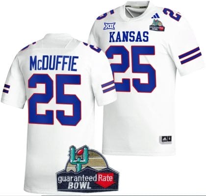 Dylan McDuffie Jersey #25 Kansas Jayhawks 2023 Guaranteed Rate Bowl Champs MVP Football White 8 Dylan McDuffie Jersey #25 Kansas Jayhawks 2023 Guaranteed Rate Bowl Champs MVP Football White